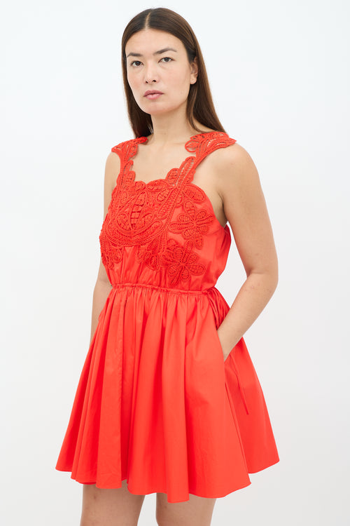 Self-Portrait Red Cotton Floral Macrame Mini Dress