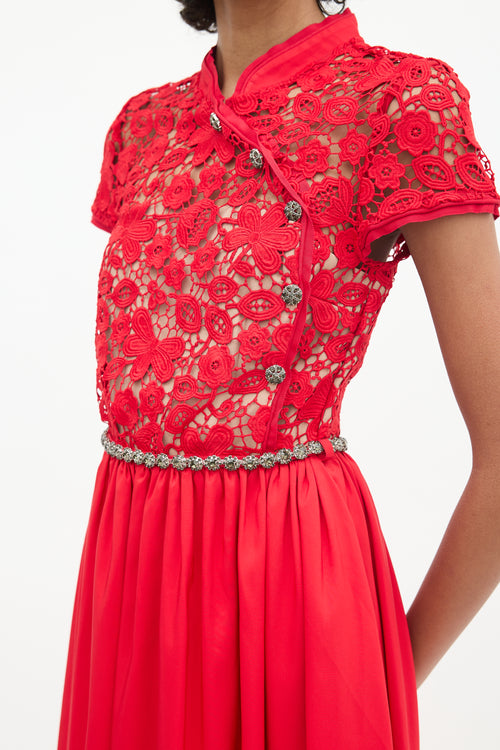 Self-Portrait Red Floral Lace Jewel Maxi Dress