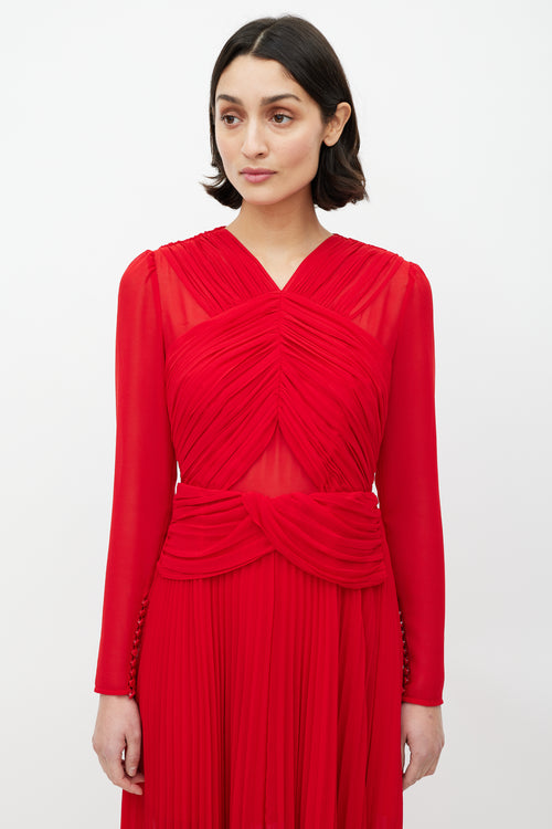 Self-Portrait Red Sheer Pleated Dress