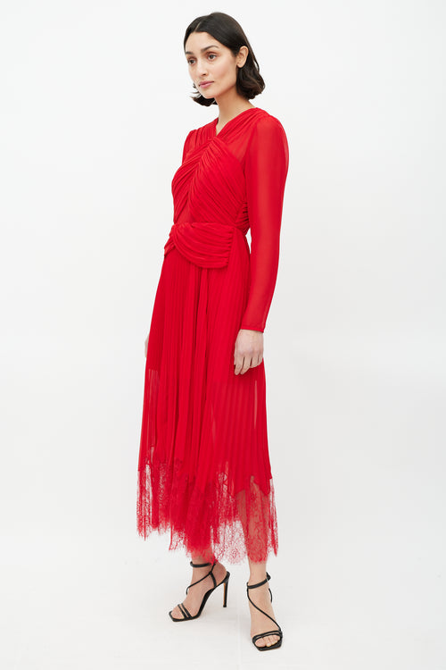 Self-Portrait Red Sheer Pleated Dress