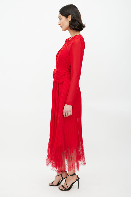 Self-Portrait Red Sheer Pleated Dress