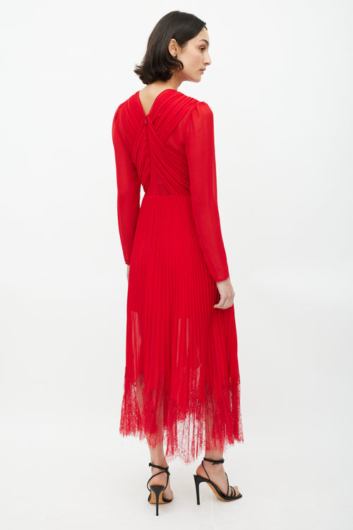 Self-Portrait Red Sheer Pleated Dress