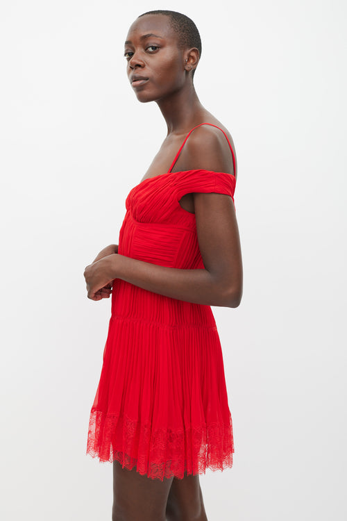 Self-Portrait Red Pleated Off Shoulder Dress