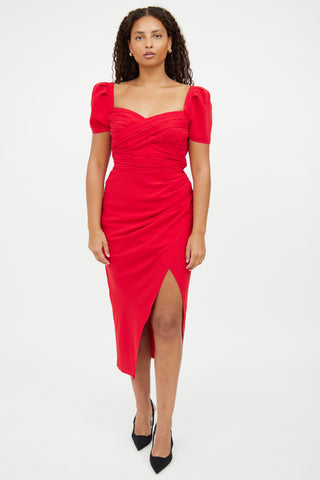 Self-Portrait Red Ruched Midi Dress