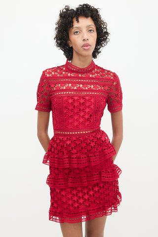 Self-Portrait Red Star Lace Ruffled Dress