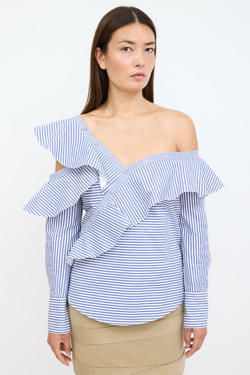 Self-Portrait White 
Blue Stripe Asymmetrical Ruffle Blouse