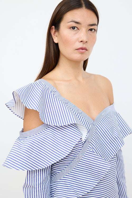 Self-Portrait White 
Blue Stripe Asymmetrical Ruffle Blouse