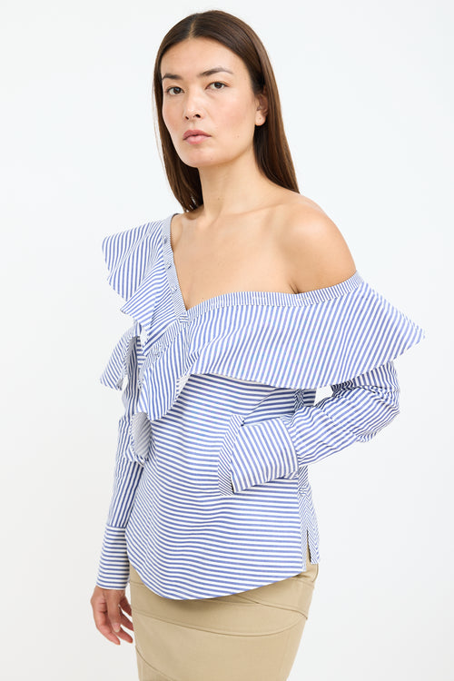 Self-Portrait White 
Blue Stripe Asymmetrical Ruffle Blouse