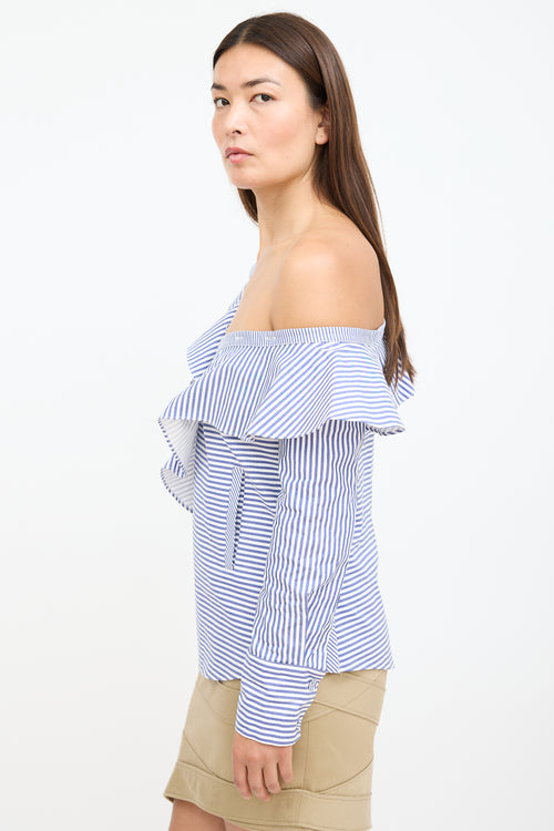 Self-Portrait White 
Blue Stripe Asymmetrical Ruffle Blouse