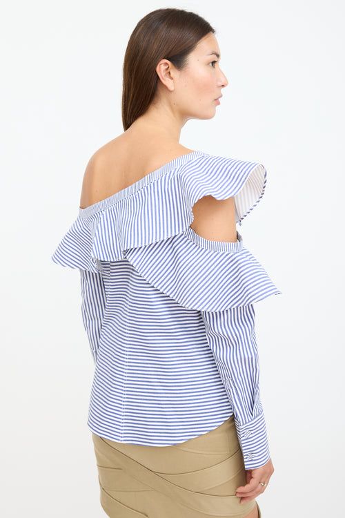 Self-Portrait White 
Blue Stripe Asymmetrical Ruffle Blouse