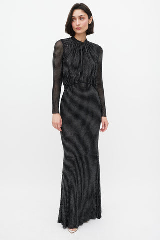 Self-Portrait Black Rhinestone Mesh Long Sleeve Maxi Dress