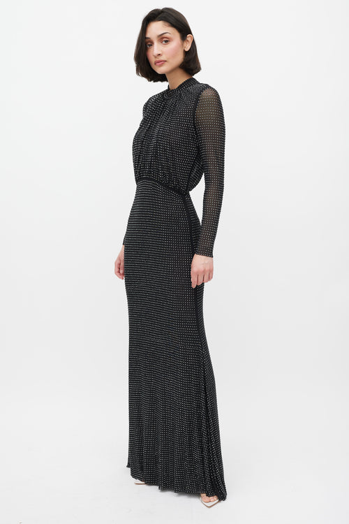 Self-Portrait Black Rhinestone Mesh Long Sleeve Maxi Dress