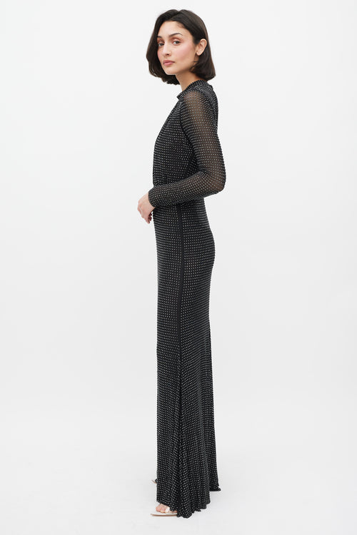 Self-Portrait Black Rhinestone Mesh Long Sleeve Maxi Dress