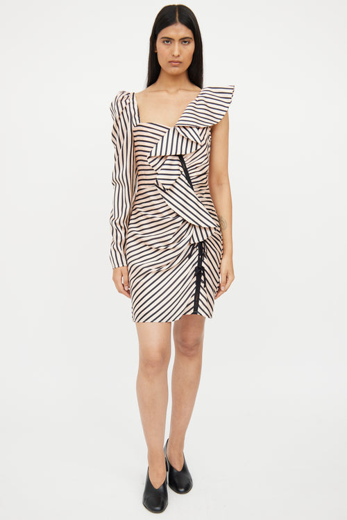 Self-Portrait Beige 
Black Striped Asymmetrical Dress