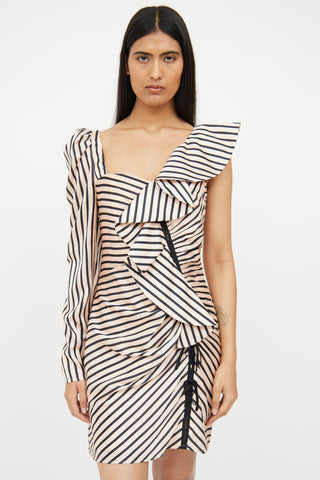 Self-Portrait Beige 
Black Striped Asymmetrical Dress