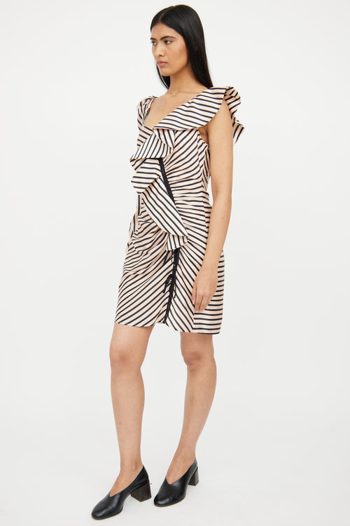 Self-Portrait Beige 
Black Striped Asymmetrical Dress