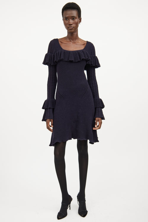 Self-Portrait Navy Knit Ruffled Dress