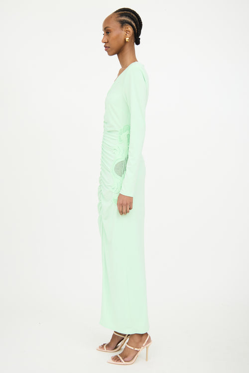 Self-Portrait Green Ruched Lace Maxi Dress