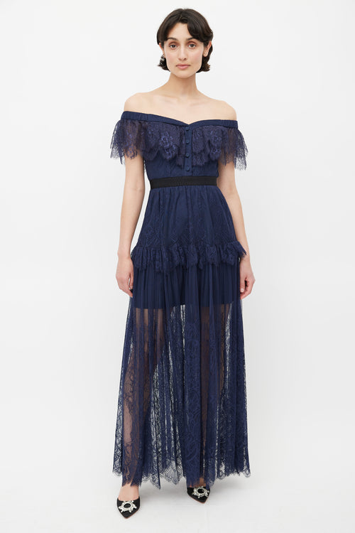 Self-Portrait Navy Lace Off Shoulder Dress