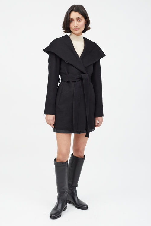 Sentaler Black Merino Wool Hooded Belted Coat