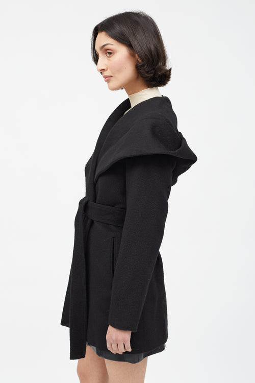 Sentaler Black Merino Wool Hooded Belted Coat