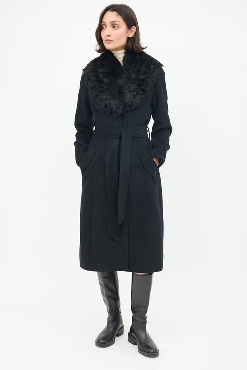 Sentaler Black Wool Fur Collar Belted Coat