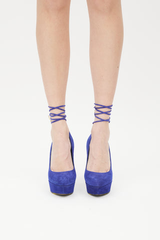 Sergio Rossi Blue 
Gold Suede Platform Wrap Heel