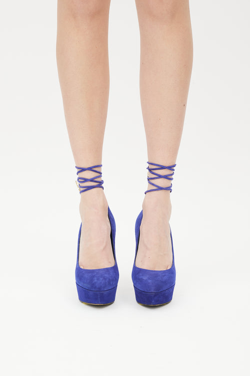 Sergio Rossi Blue 
Gold Suede Platform Wrap Heel