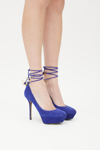 Sergio Rossi Blue 
Gold Suede Platform Wrap Heel