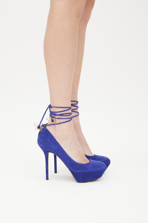 Sergio Rossi Blue 
Gold Suede Platform Wrap Heel