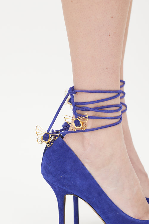 Sergio Rossi Blue 
Gold Suede Platform Wrap Heel