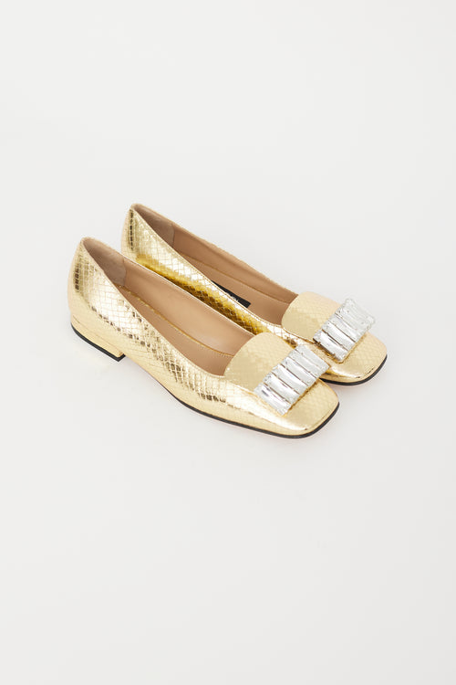 Sergio Rossi Gold Embossed Leather Embellished Flat