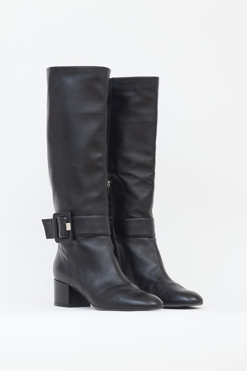 Sergio Rossi Black Leather Knee High Buckle Boot