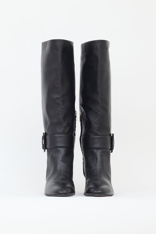 Sergio Rossi Black Leather Knee High Buckle Boot