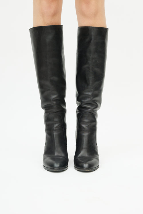 Sergio Rossi Black Leather 
Gold Heeled Boot