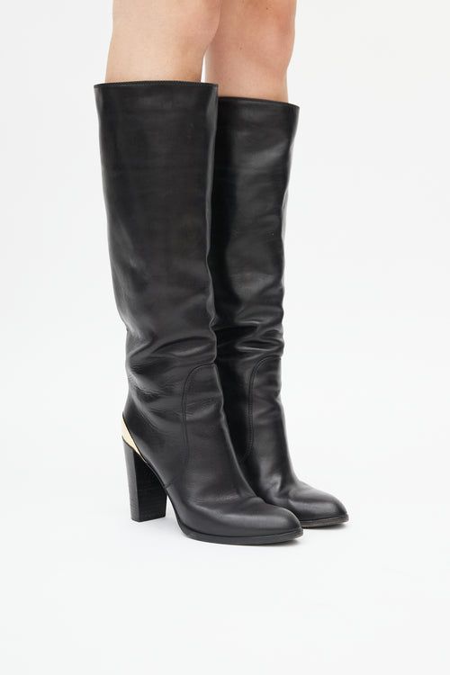 Sergio Rossi Black Leather 
Gold Heeled Boot