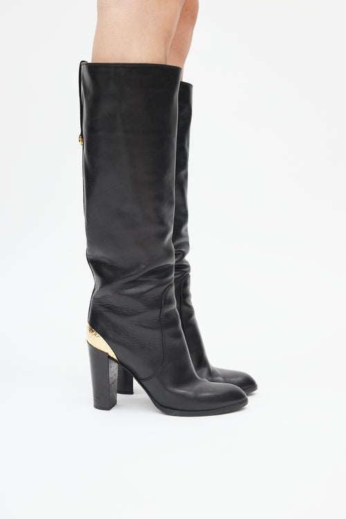 Sergio Rossi Black Leather 
Gold Heeled Boot