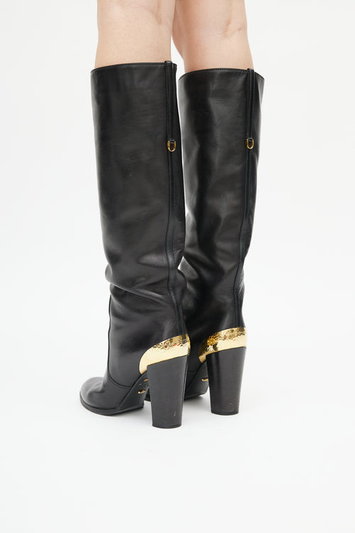 Sergio Rossi Black Leather 
Gold Heeled Boot