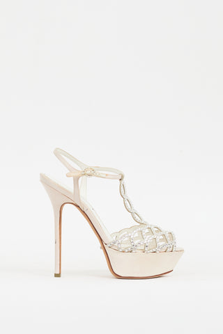 Sergio Rossi White Satin Crystal Vague Platform Heel