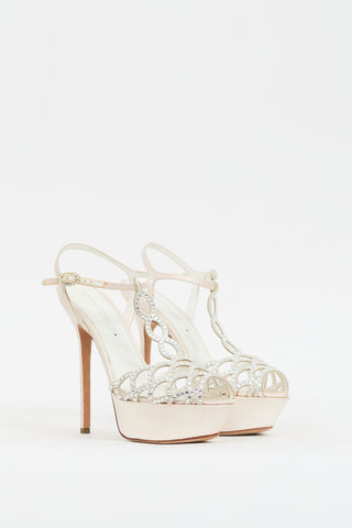 Sergio Rossi White Satin Crystal Vague Platform Heel