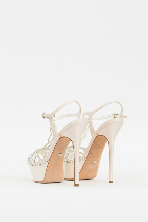 Sergio Rossi White Satin Crystal Vague Platform Heel