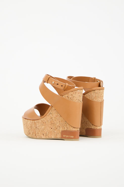 Sergio Rossi Brown Leather Cork Wedge Sandal