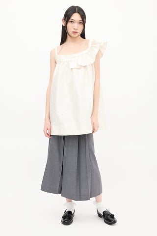 Shushu/Tong Cream Nylon Floral Cloqué Asymmetric Ruffle Dress