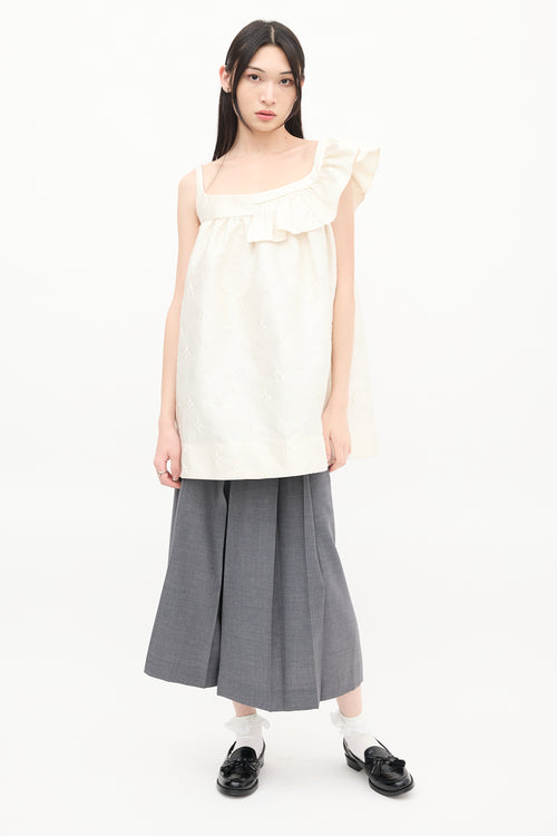 Shushu/Tong Cream Nylon Floral Cloqué Asymmetric Ruffle Dress