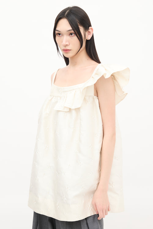 Shushu/Tong Cream Nylon Floral Cloqué Asymmetric Ruffle Dress