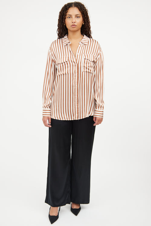 Silk Laundry Brown 
White Stripe Button Top