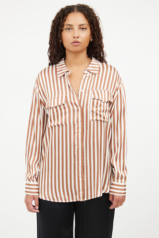 Silk Laundry Brown 
White Stripe Button Top