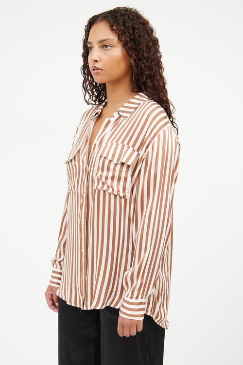 Silk Laundry Brown 
White Stripe Button Top