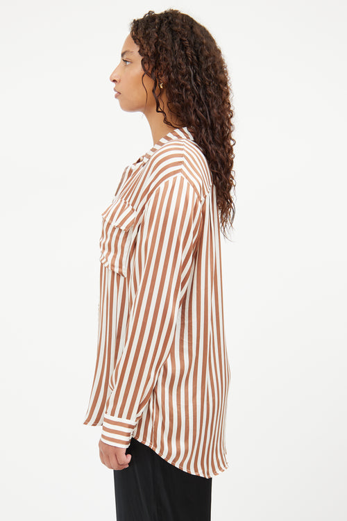 Silk Laundry Brown 
White Stripe Button Top