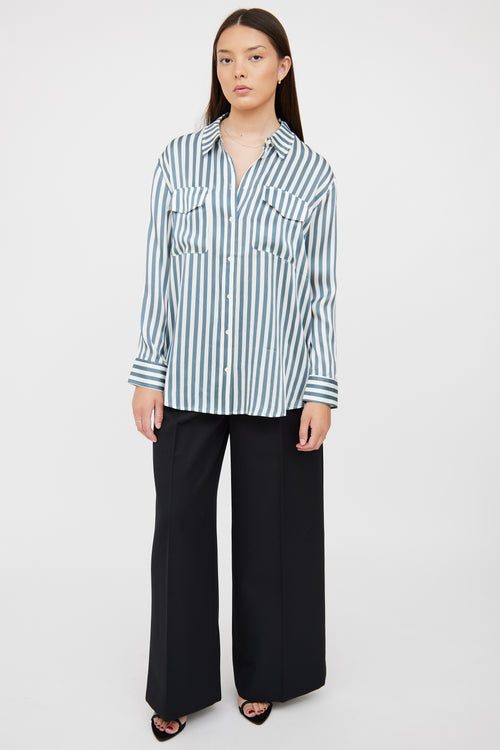 Silk Laundry Blue 
White Stripe Button Up Blouse